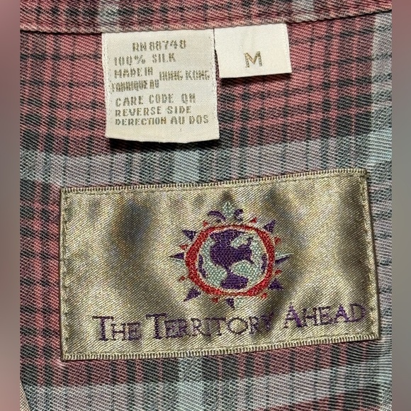 Vintage Plaid The Territory Ahead 100% Silk Button Down Shirt M Medium - Picture 8 of 8